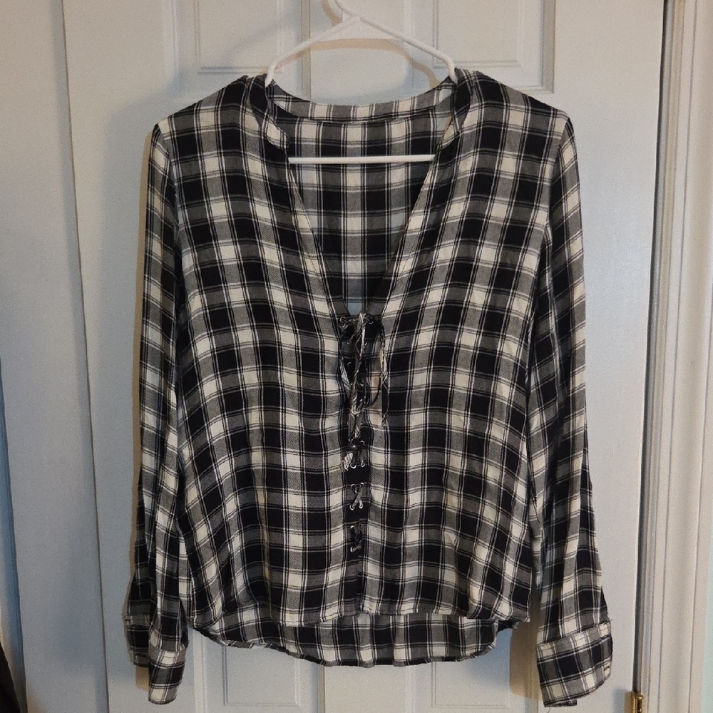 Express Black and White Plaid Lace-Up Blouse